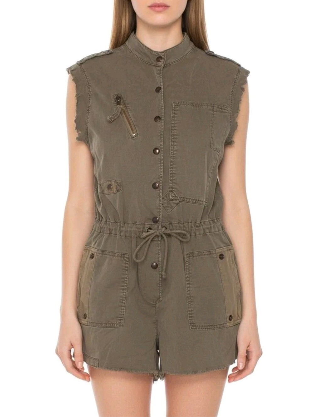 Zara Sleeveless Olive Utility Romper with Drawstring Waist